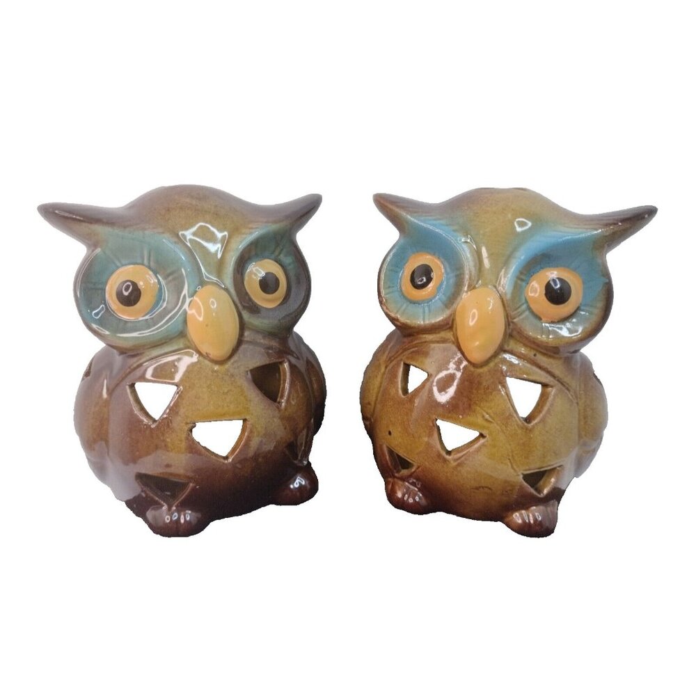2 Happy Harvest Glazed Ceramic Owl Tea Light Candle Holder New